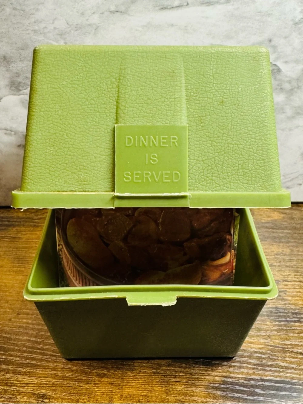 Vintage Dinner Is Served Recipe Card Box Set Green Plastic with Index Cards